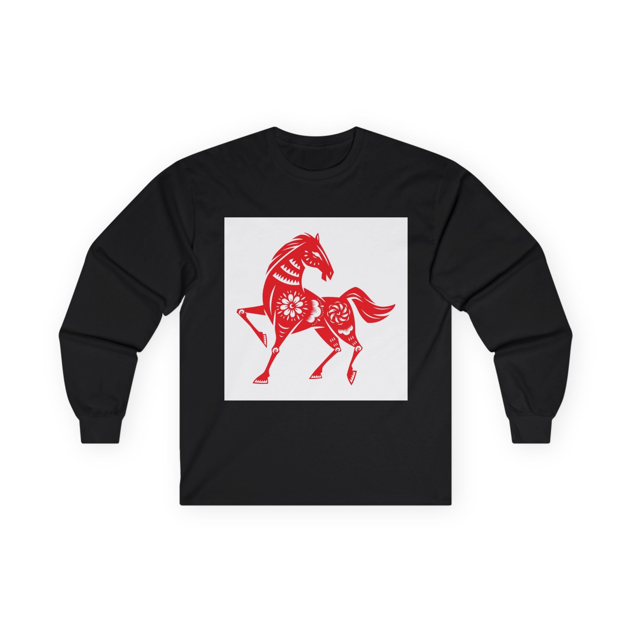 Chinese Paper-Cut Horse Long Sleeve Tee — Lunar New Year Zodiac Shirt